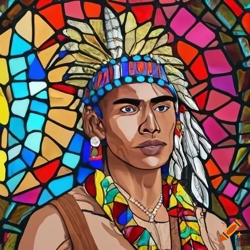 Stainedglass art of an indigenous young man in traditional attire on