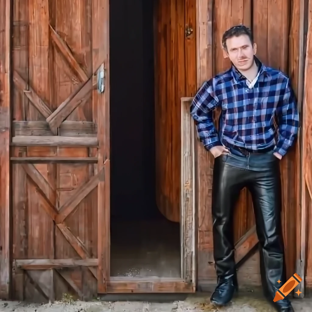 English couple in country plaid shirt and high waist black leather trousers peeping through barn door