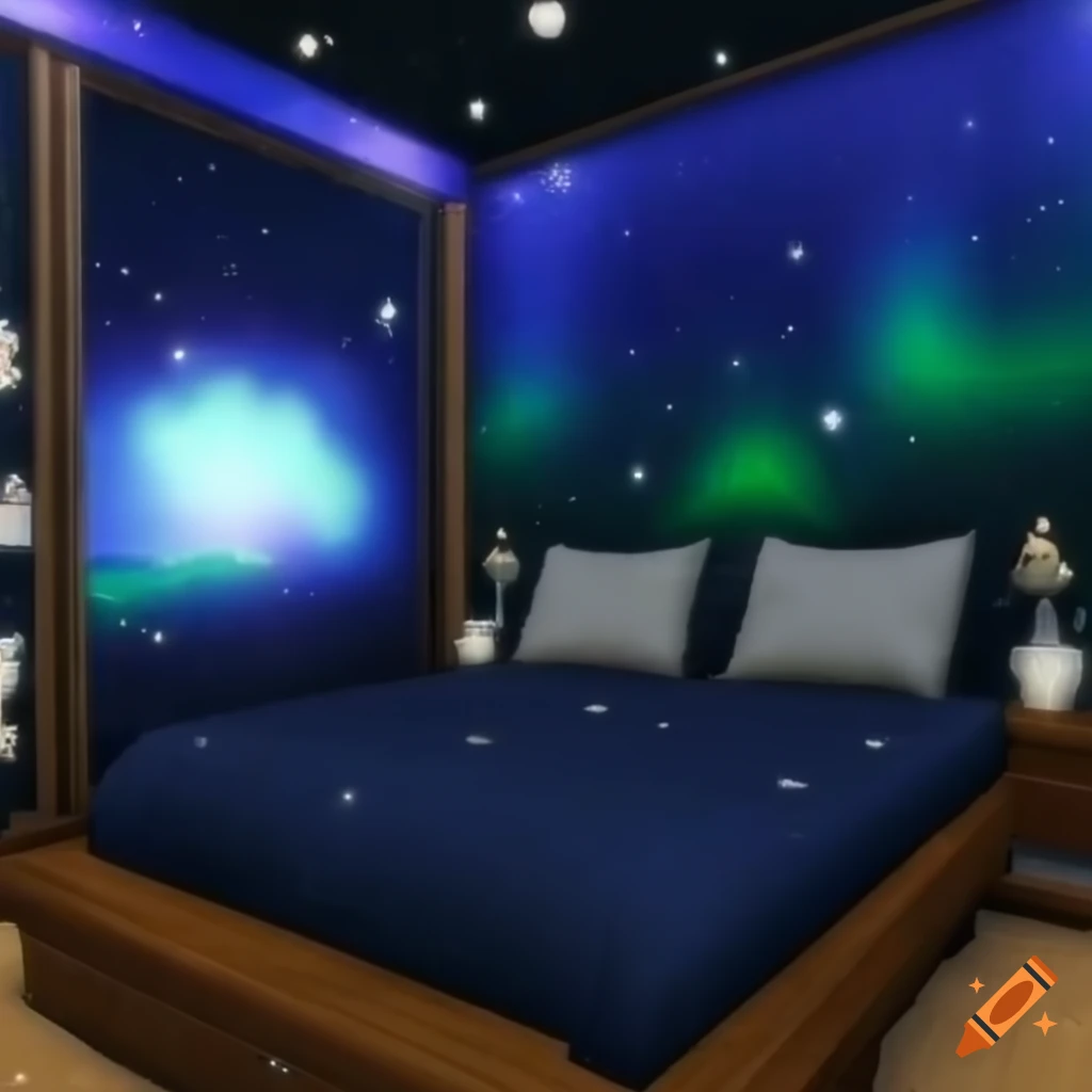 Galactic bedroom with northern lights theme in Sims 4 style