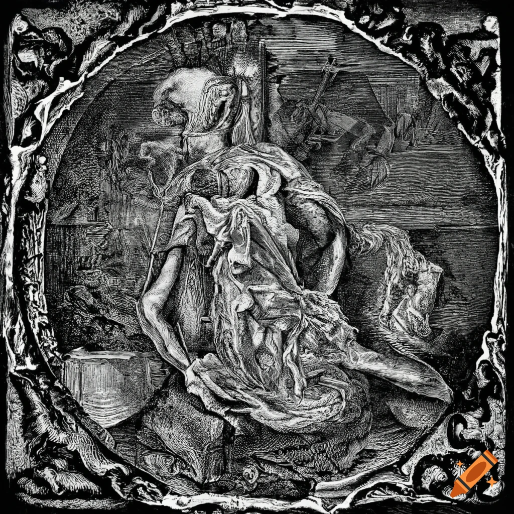 Esoteric white engraving of Beelzebub in a dark Baroque pandemonium setting
