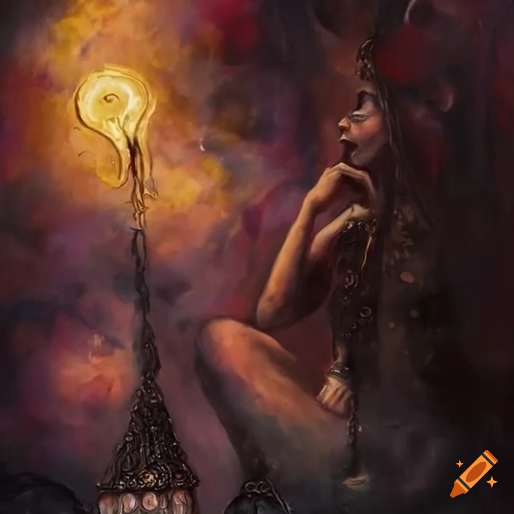 Mysterious tarot card in intricate oil painting with smoke and burn marks