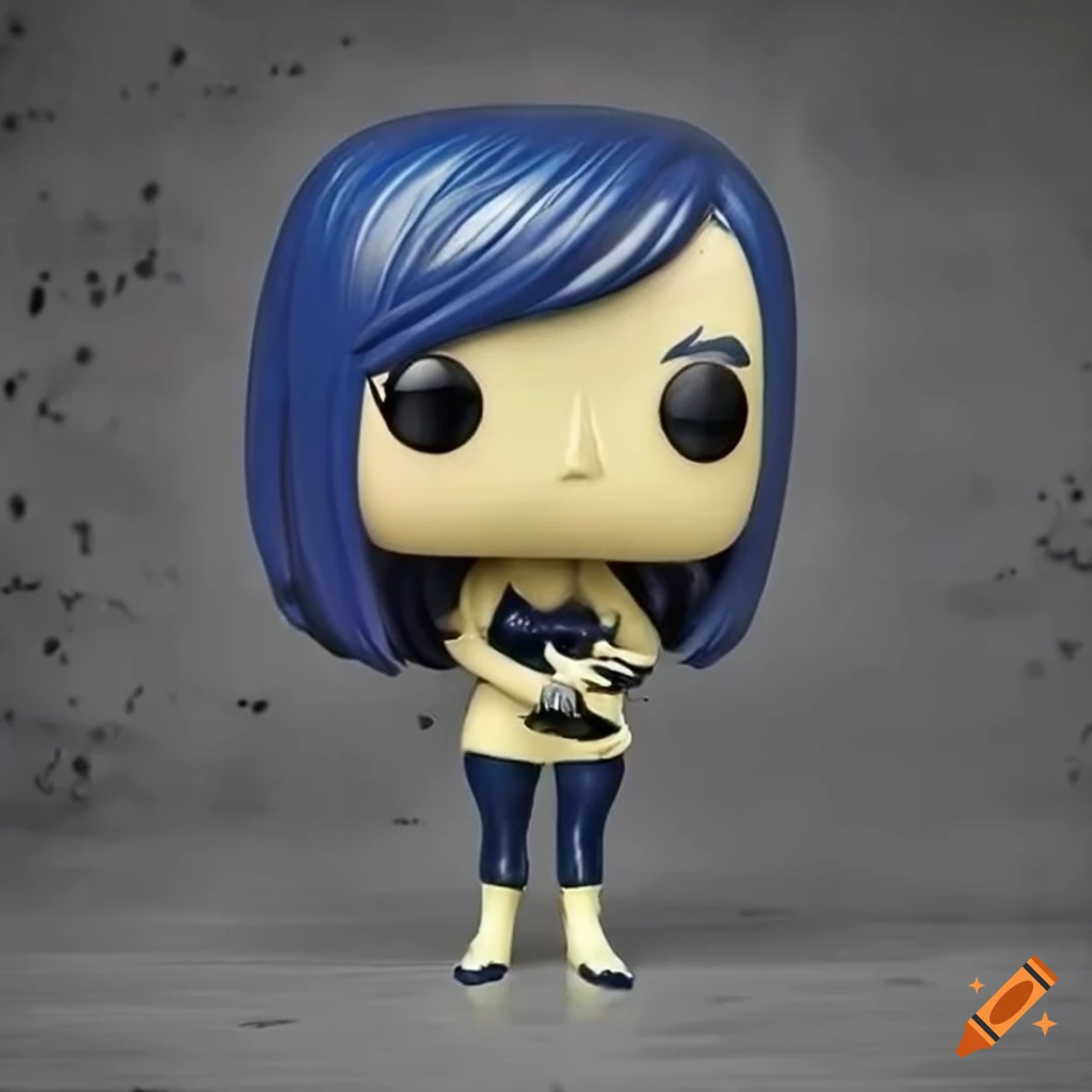 Funko Pop humanoid female figurine in navy rubber latex outfit on concrete background