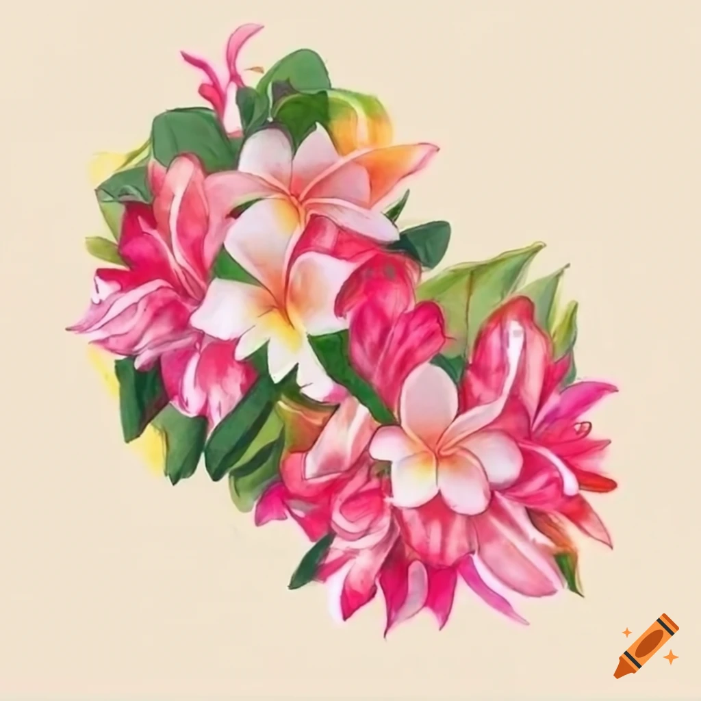 Hawaiian lei sketch with plumeria, ti leaves, and pink ginger flowers