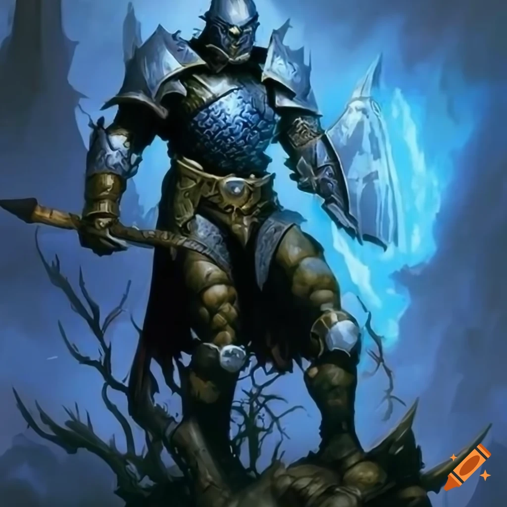 Epic knight in blue armor in a fantasy artwork inspired by Frazetta