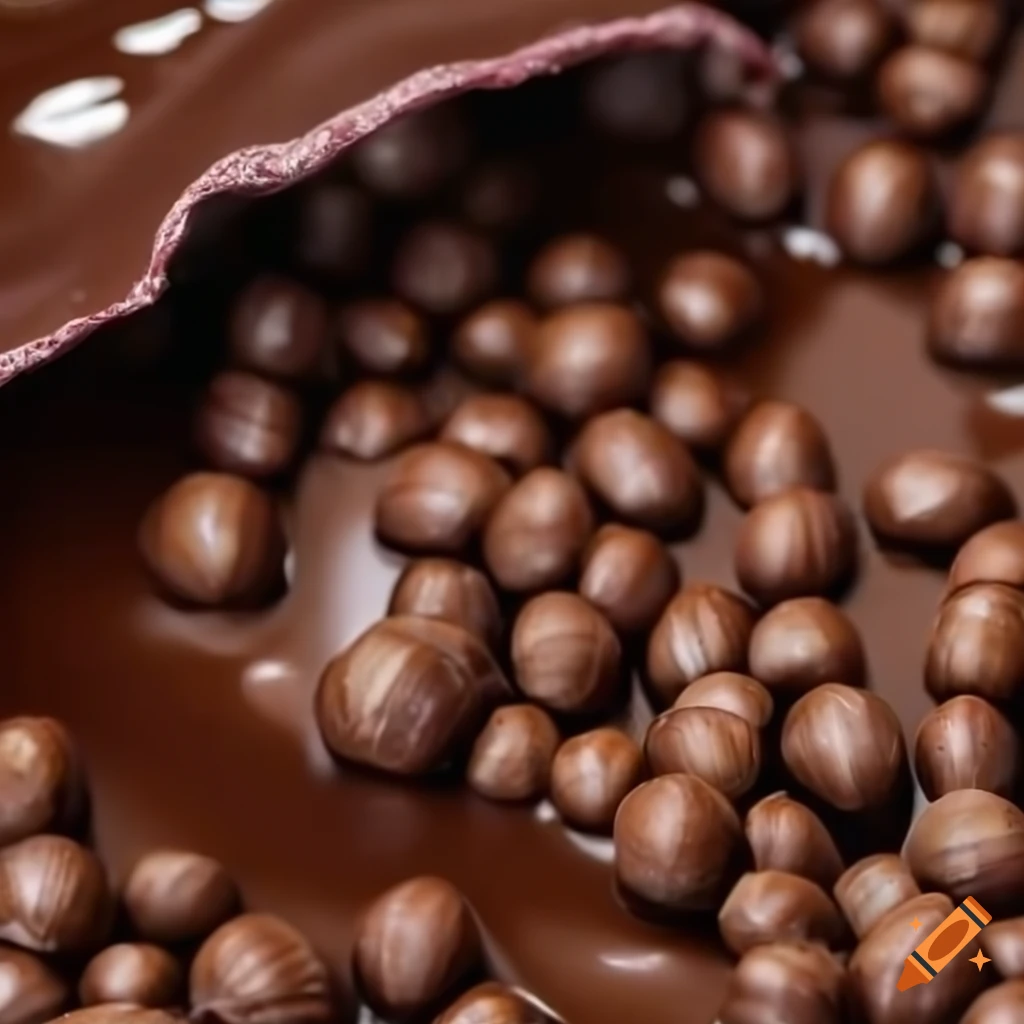 Hazelnuts in chocolate being poured into a pool of chocolate