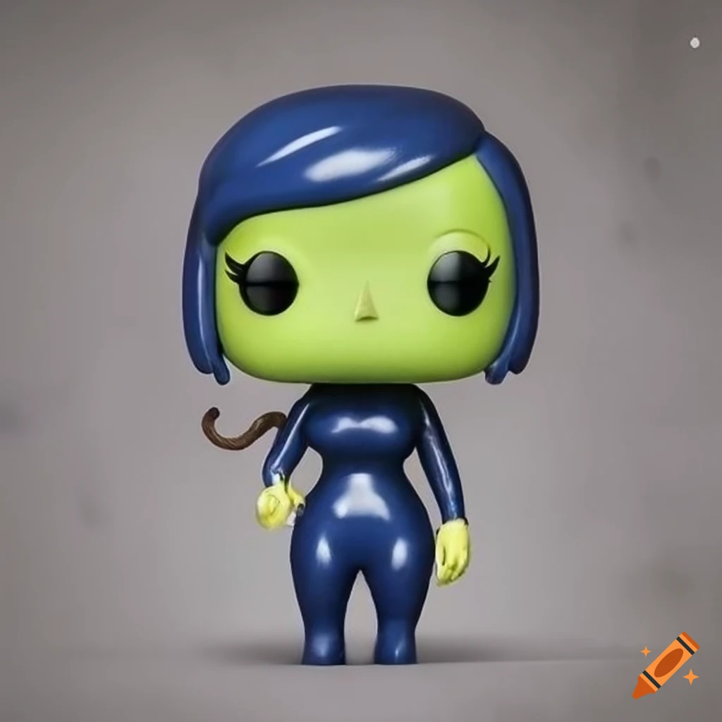 Funko pop figurine of humanoid female with black hair in lime navy latex outfit, concrete background