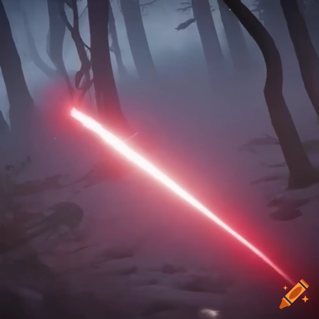 Redwhite laser spark beam in a forest with fog created in unreal engine 5 on Craiyon