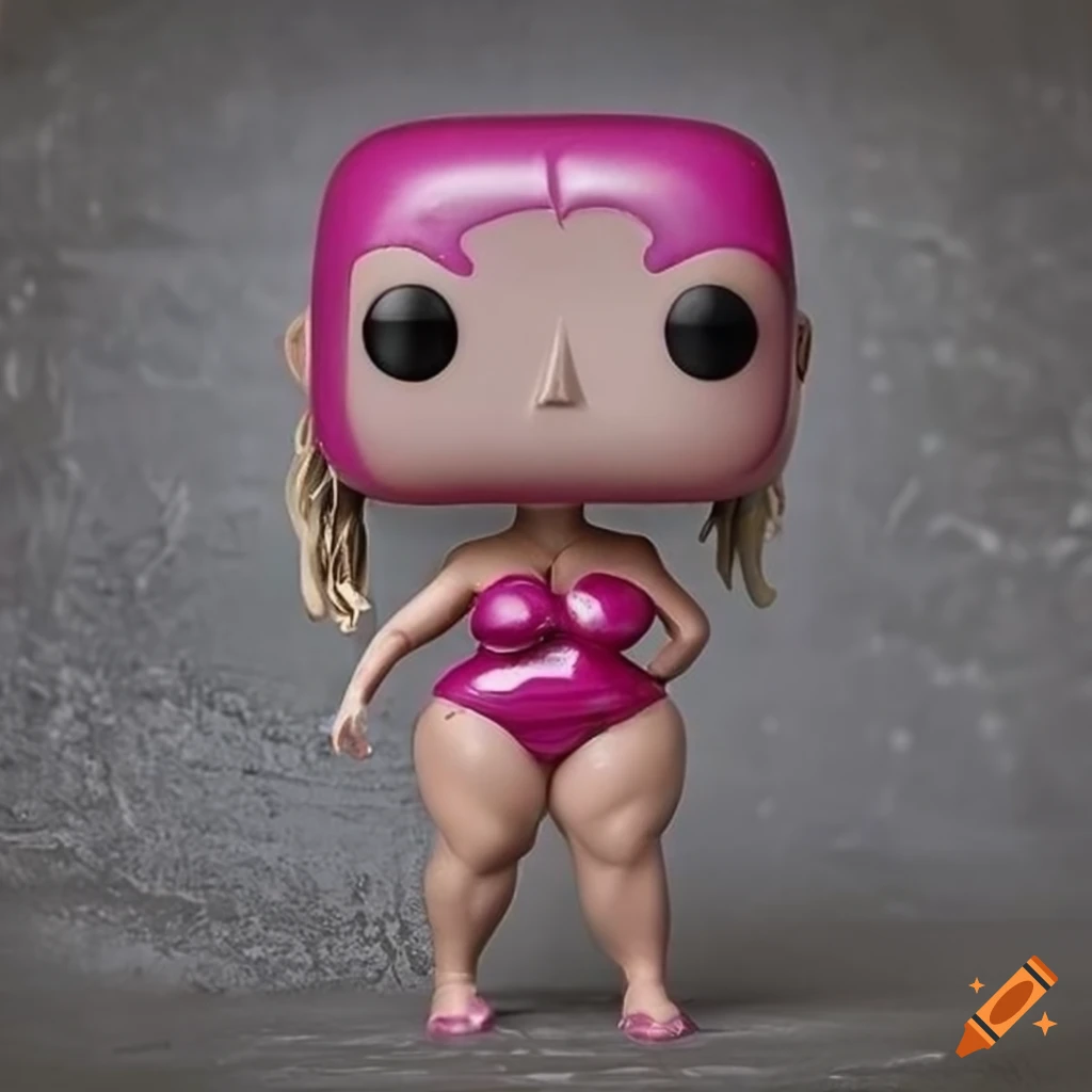 Funko pop humanoid female figurine in colorful outfit on concrete background