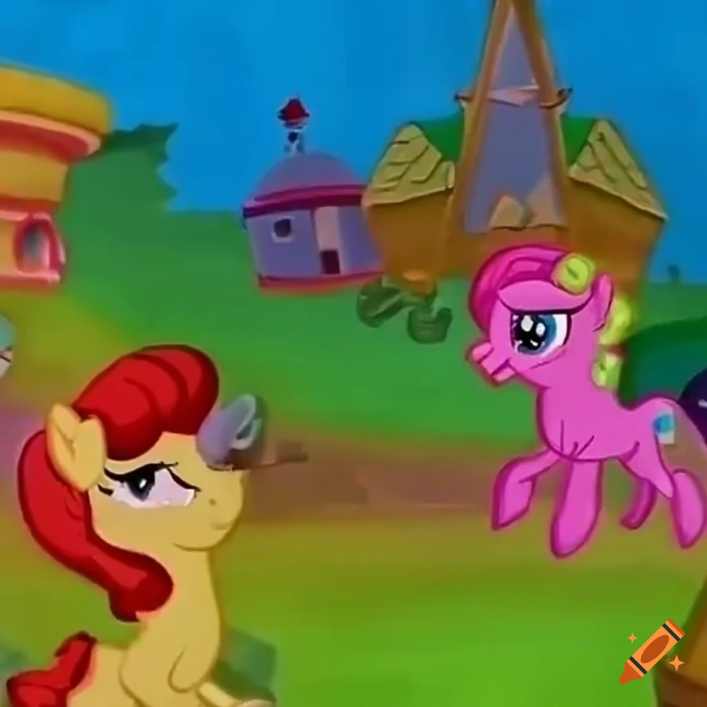 Colorful mini world with ponies in a village, 2000's footage
