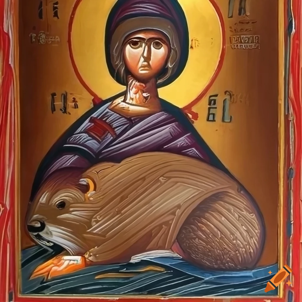 Greek Orthodox Byzantine icon painting featuring a beaver in photorealistic style