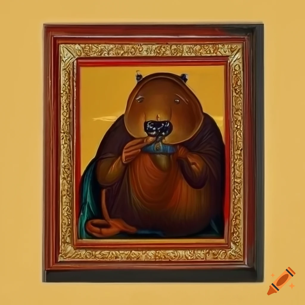 Greek Orthodox Byzantine icon painting featuring a beaver in photorealistic style