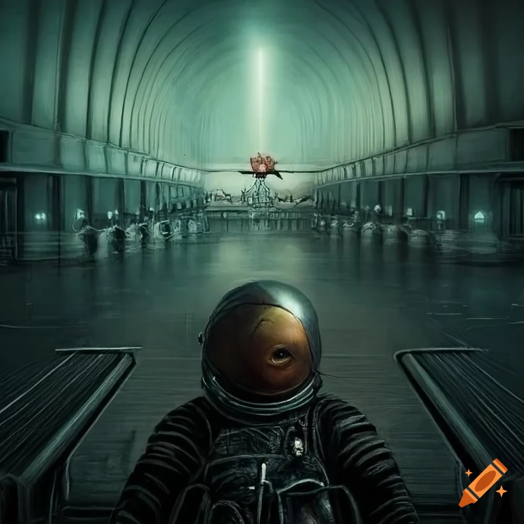 Intricate hyper-realistic modern haunted airport with an astronaut in the distance by Zdzisław Beksiński and Dave Allsop