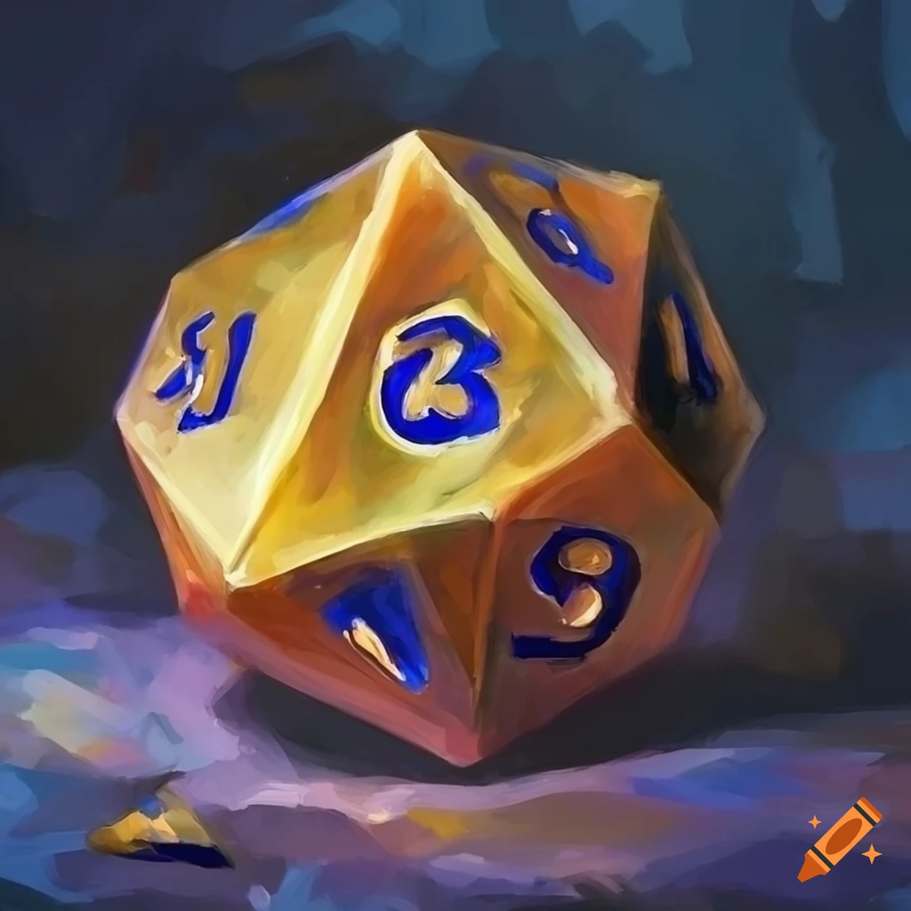 Palette knife painting of golden dnd dice under a bright light on Craiyon