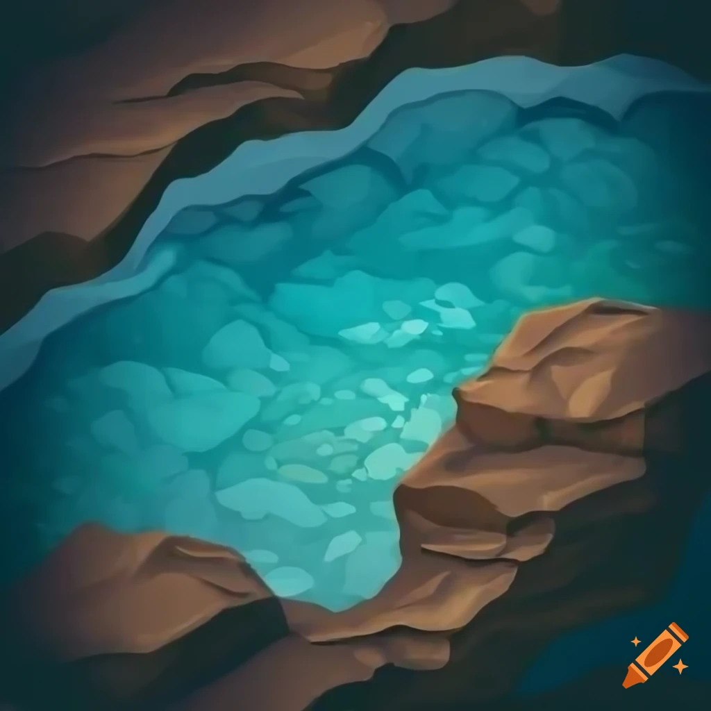 Realistic isometric top-down view of transparent water and rock walls in a video game setting