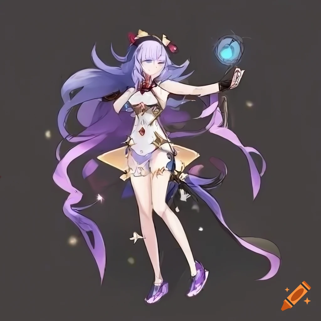 Full-body character design sheet of Honkai Star Rail Woman with blueberries and boho elements