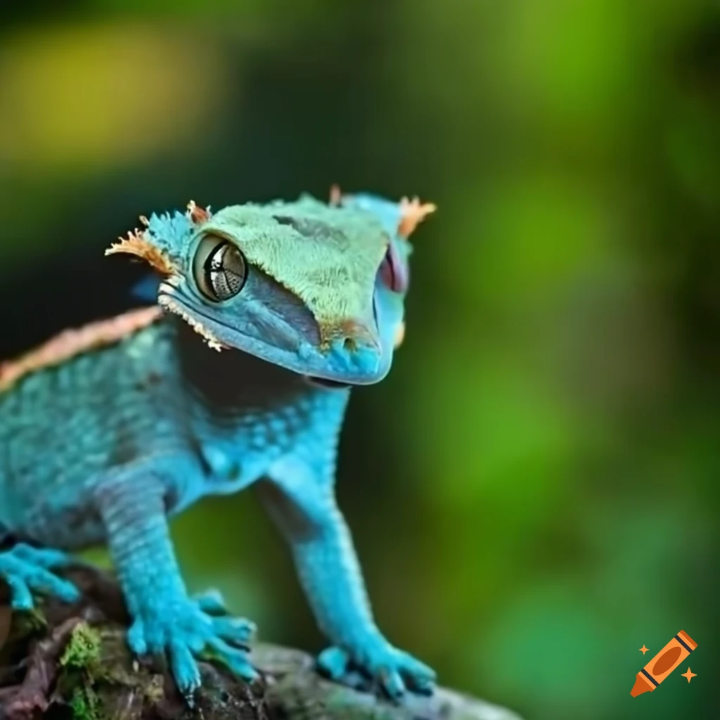 Vibrant blue crested gecko on a mossy rainforest plant in a green jungle