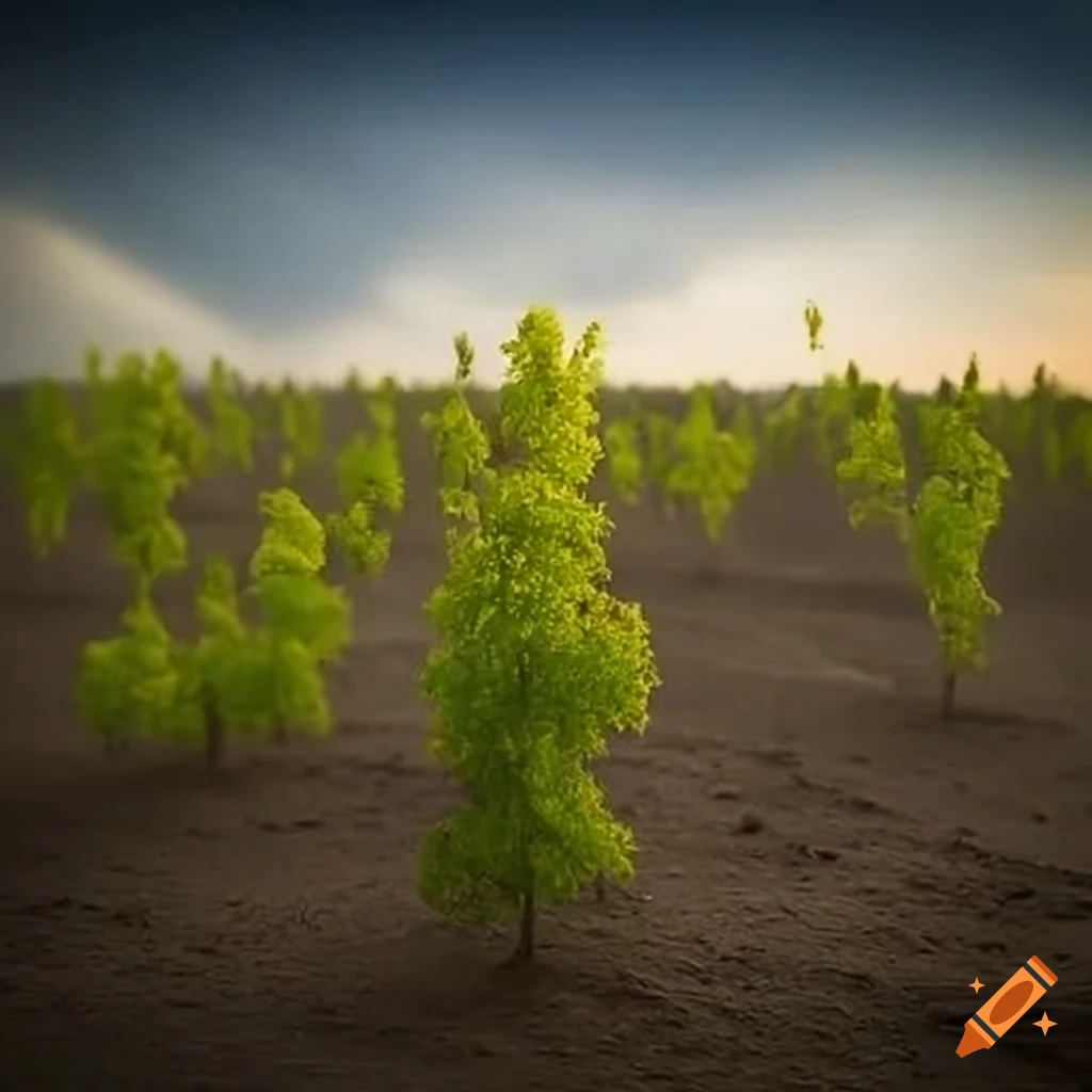 Field of saplings growing in the dirt
