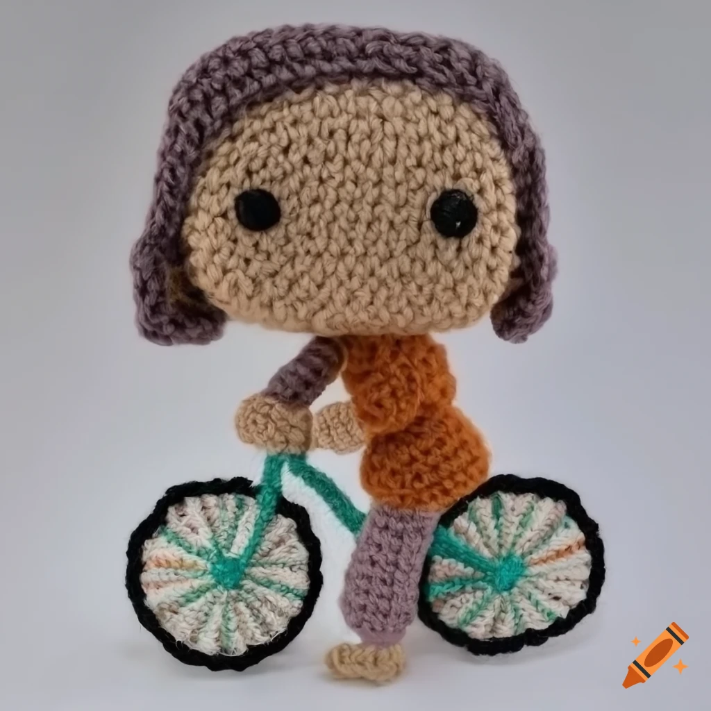 Funko pop made of crochet resembling an old woman riding a bicycle