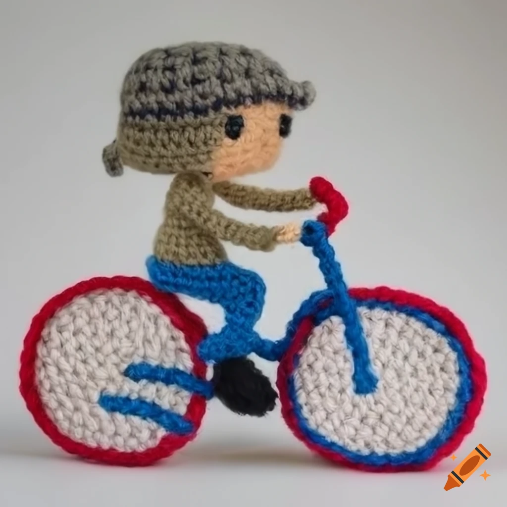 Funko pop made of crochet resembling an old woman riding a bicycle