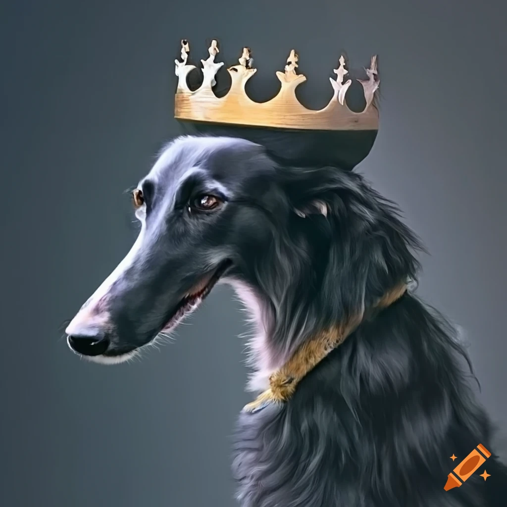 Ethereal black borzoi wearing a crown on plain backdrop