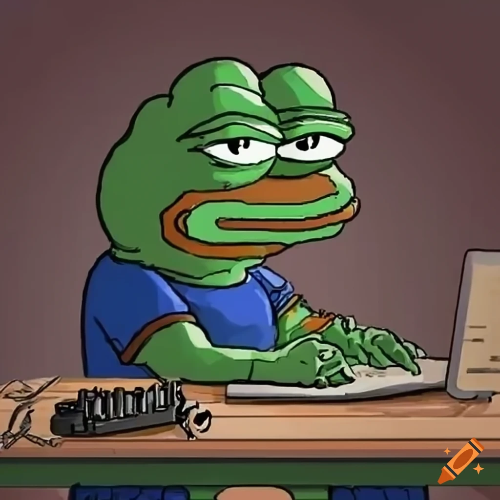 Pepe the frog fixing a computer on a workbench