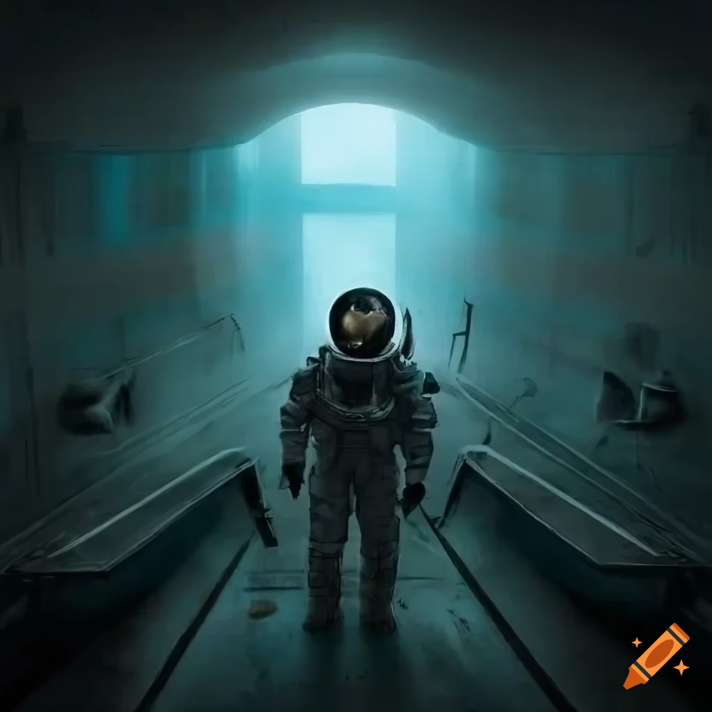 Intricate hyper-realistic modern haunted airport with mysterious astronaut in the distance