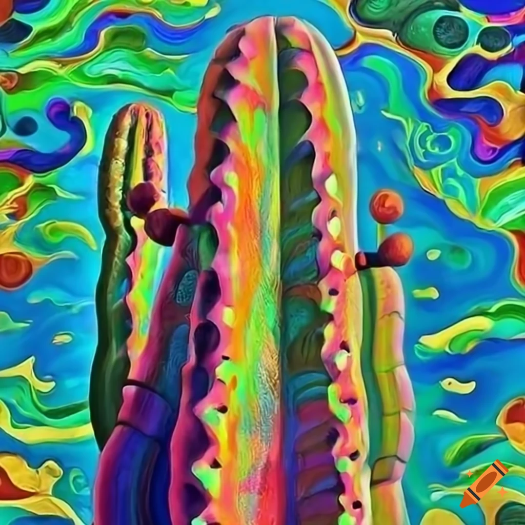 Vividly colored psychedelic painting of a towering columnar cactus