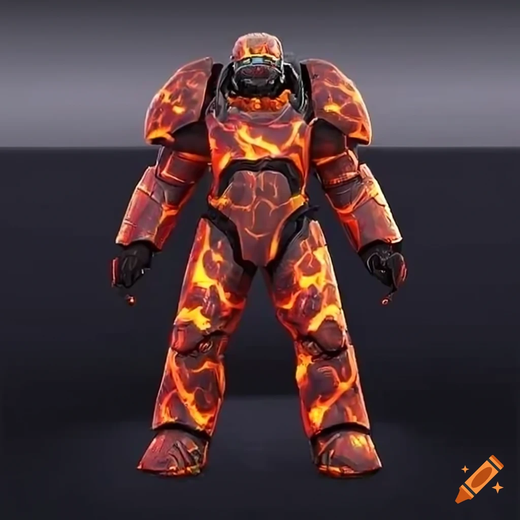 Large power armor made of glowing lava with jet pack turbines