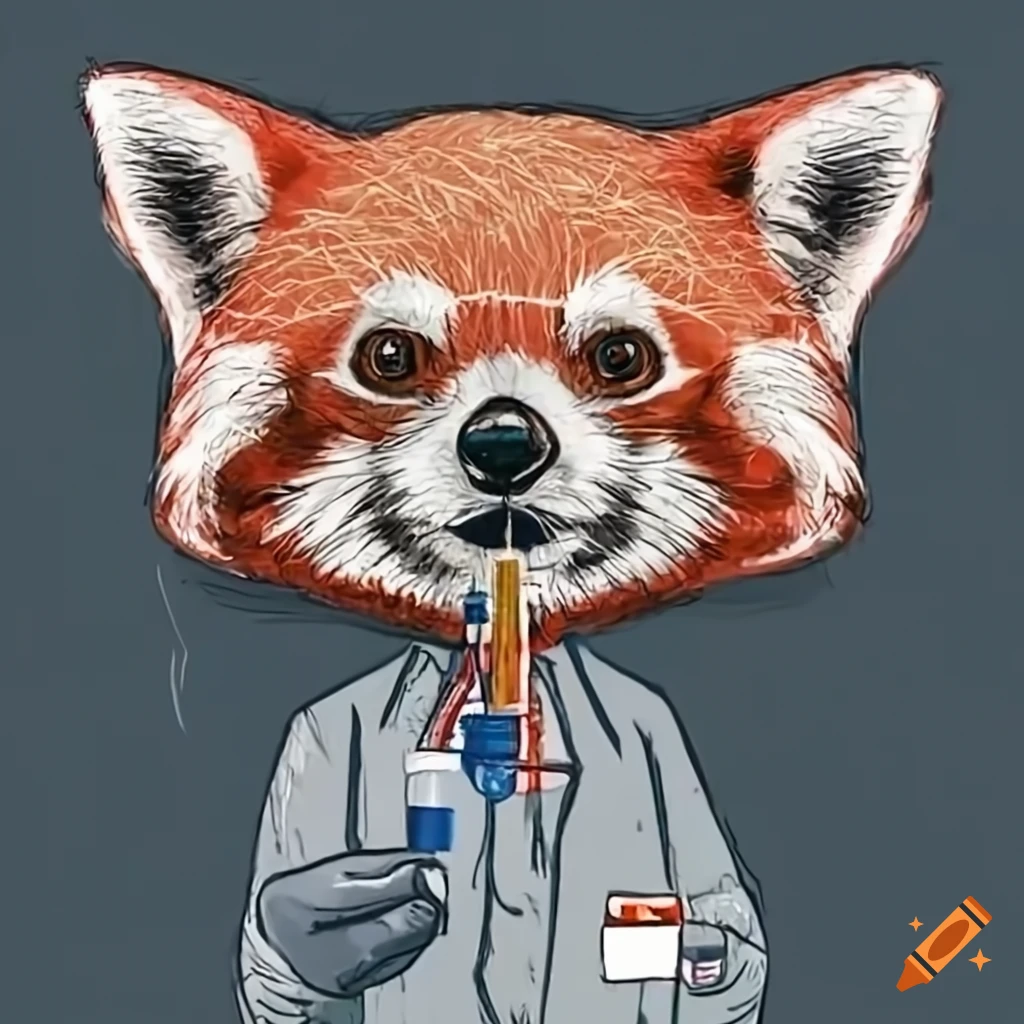 Red panda scientist with goggles and test tubes in a lab