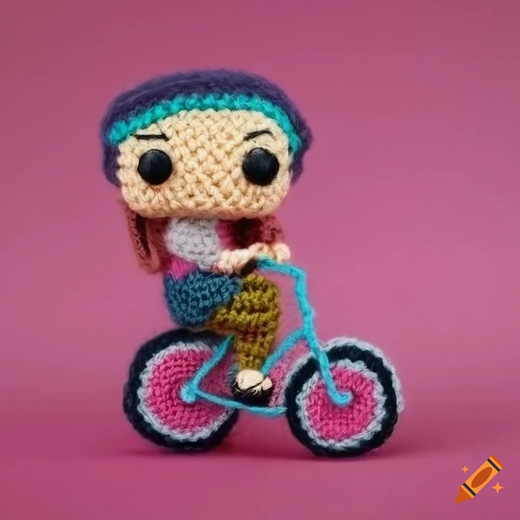 Funko pop made of crochet resembling an old woman riding a bicycle