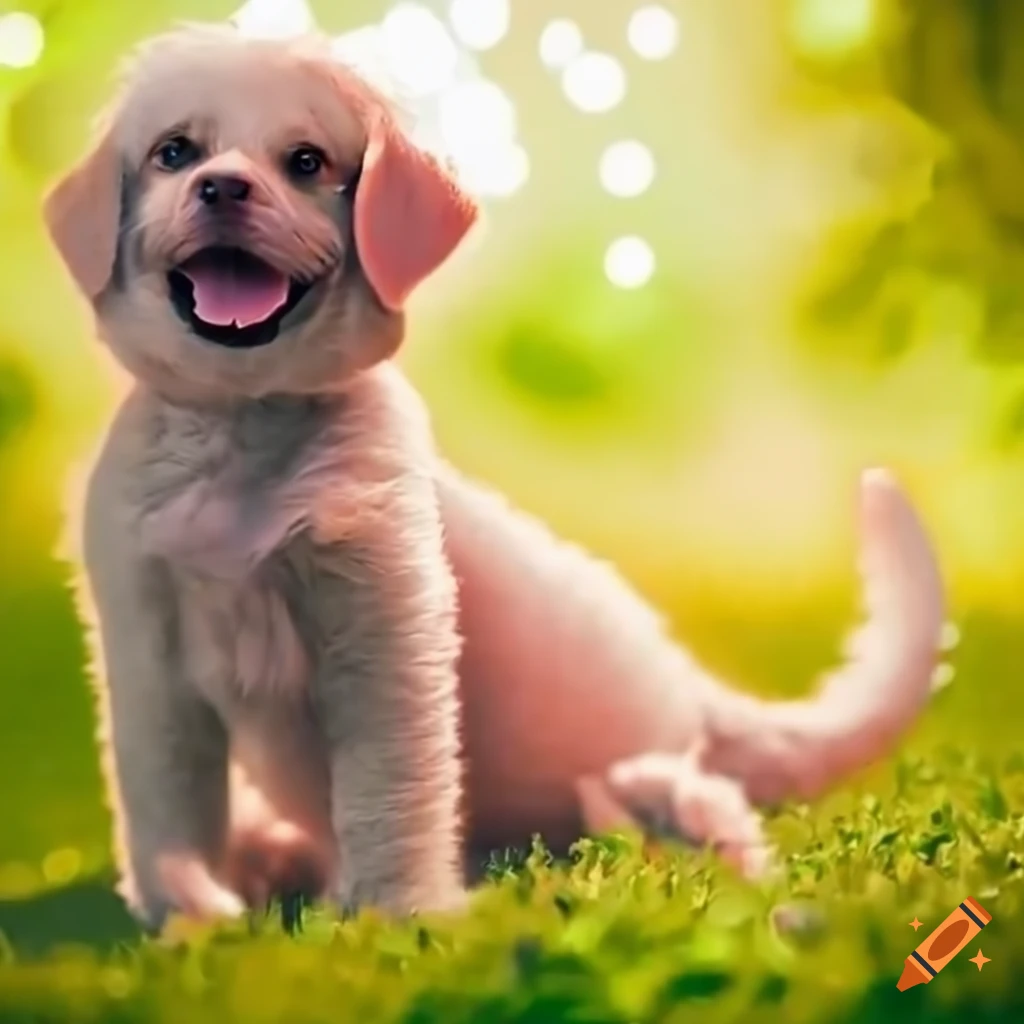 Happy puppy playing in a sunny field with friends