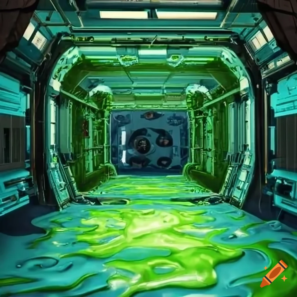 Green slime-covered space station interior