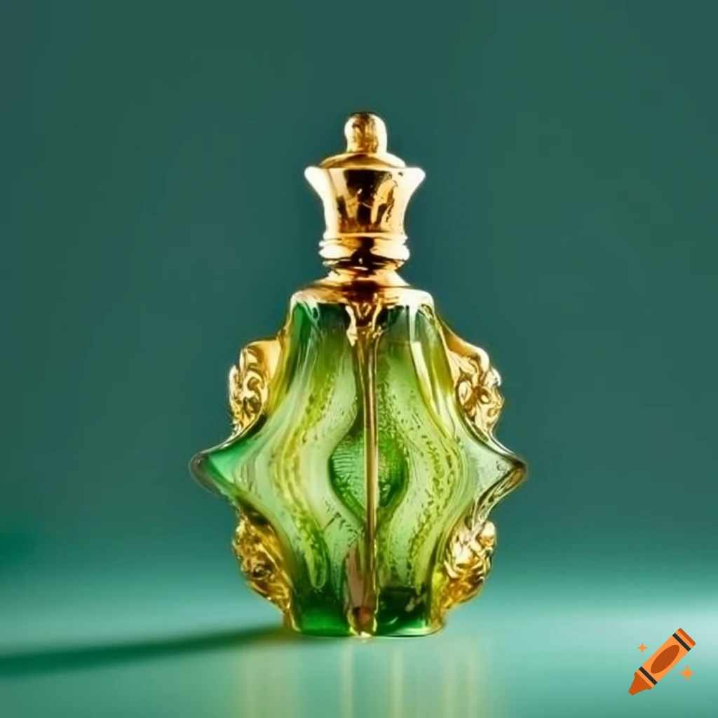Green glass perfume bottle with gold detailing labeled Emerald Cove