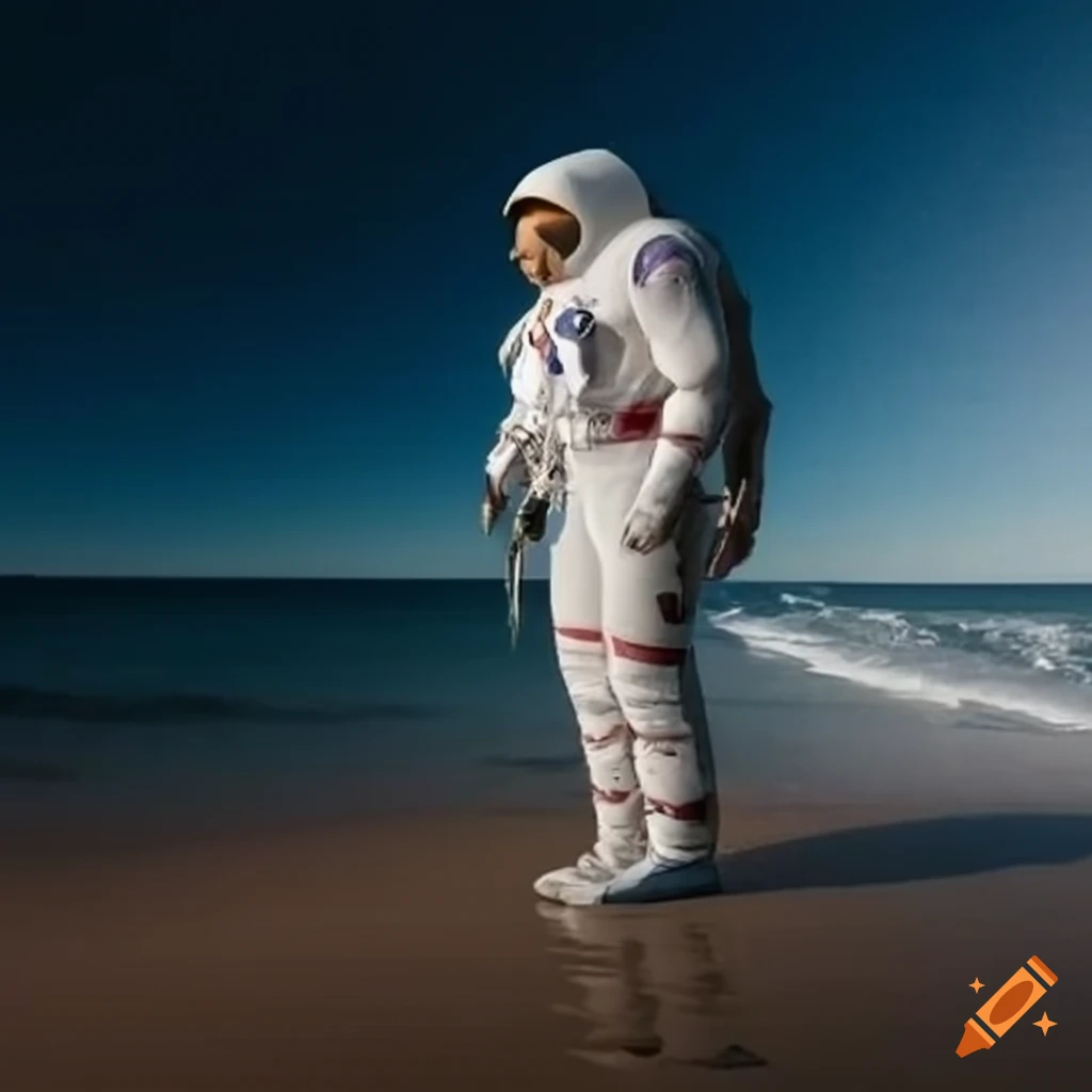 Space man standing alone on the beach