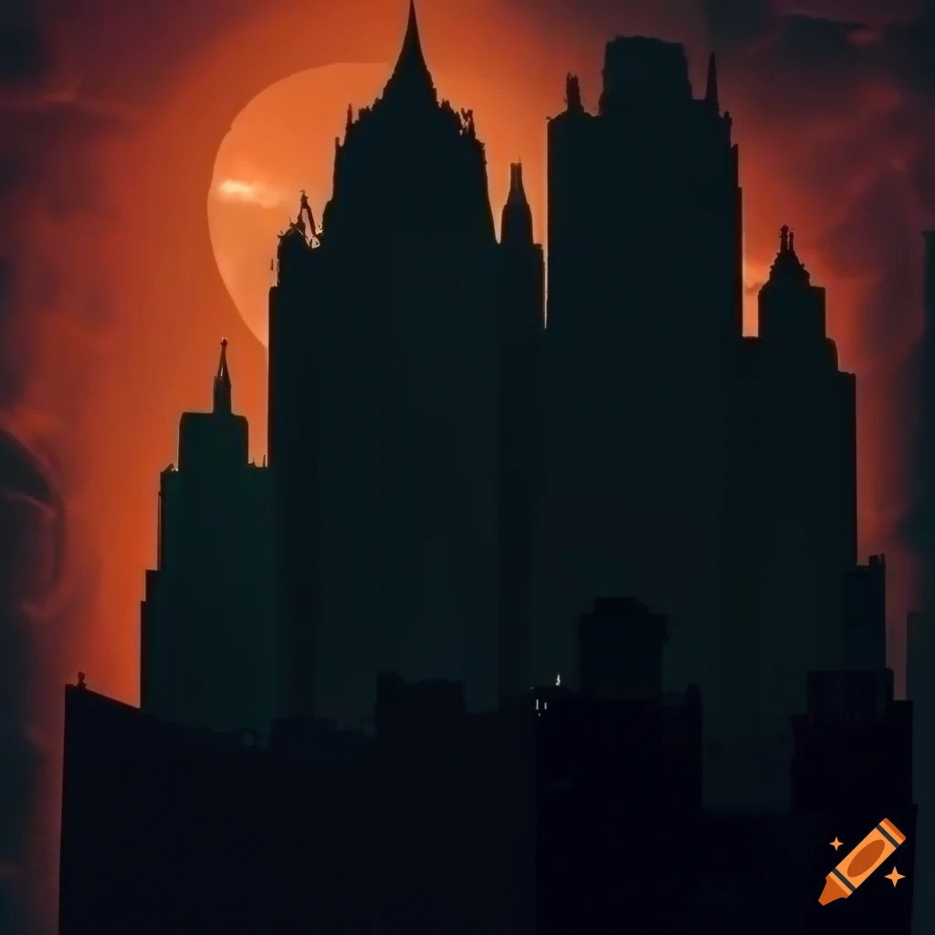 Intricate silhouetted cityscape at dusk with emotive lighting
