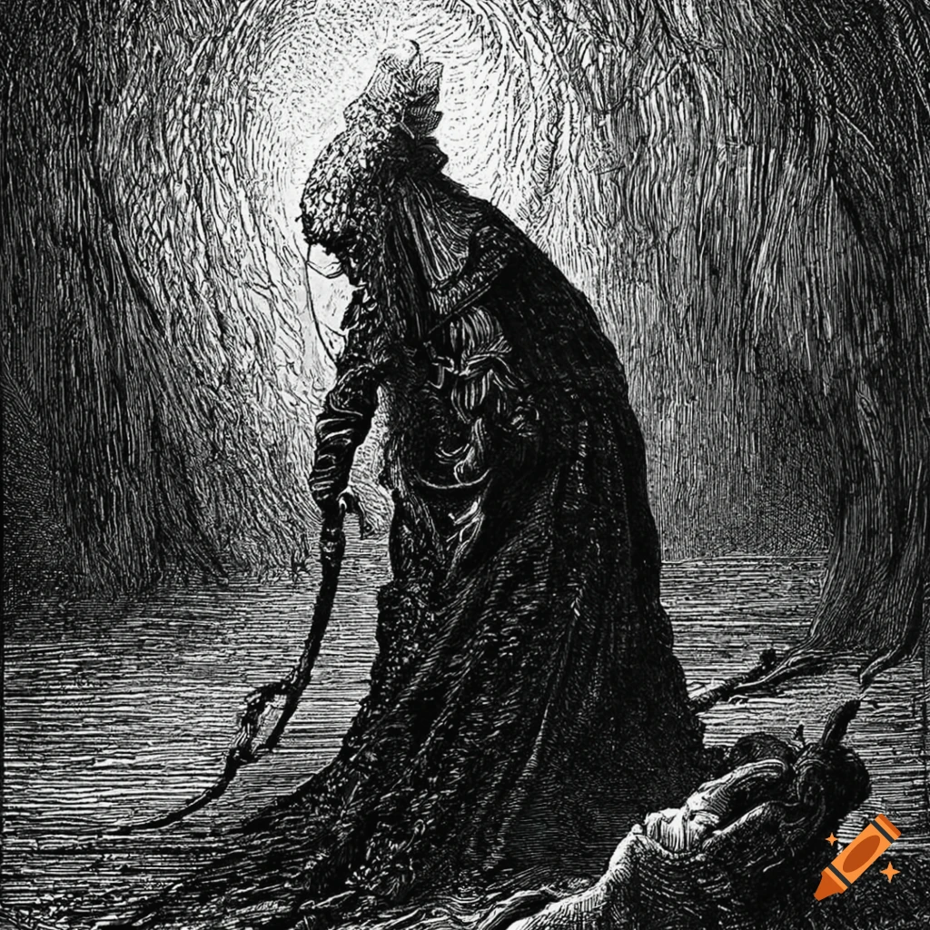 Gustave Dore's black and white drawing of a monumental mausoleum