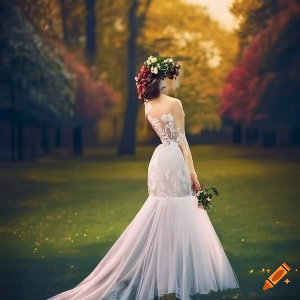Beautiful lady in a wedding dress inspired by van Gogh admiring the night sky