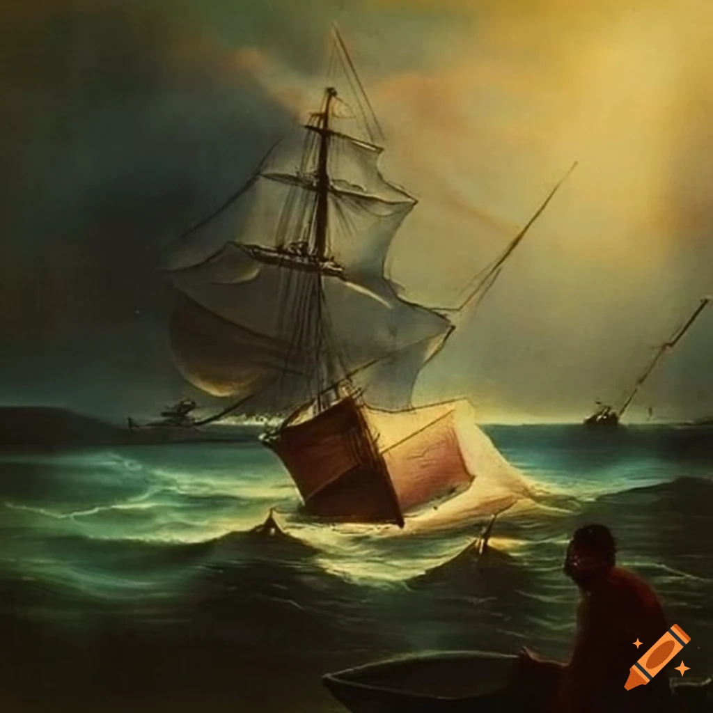 Castaway watching sinking ship in old postcard style