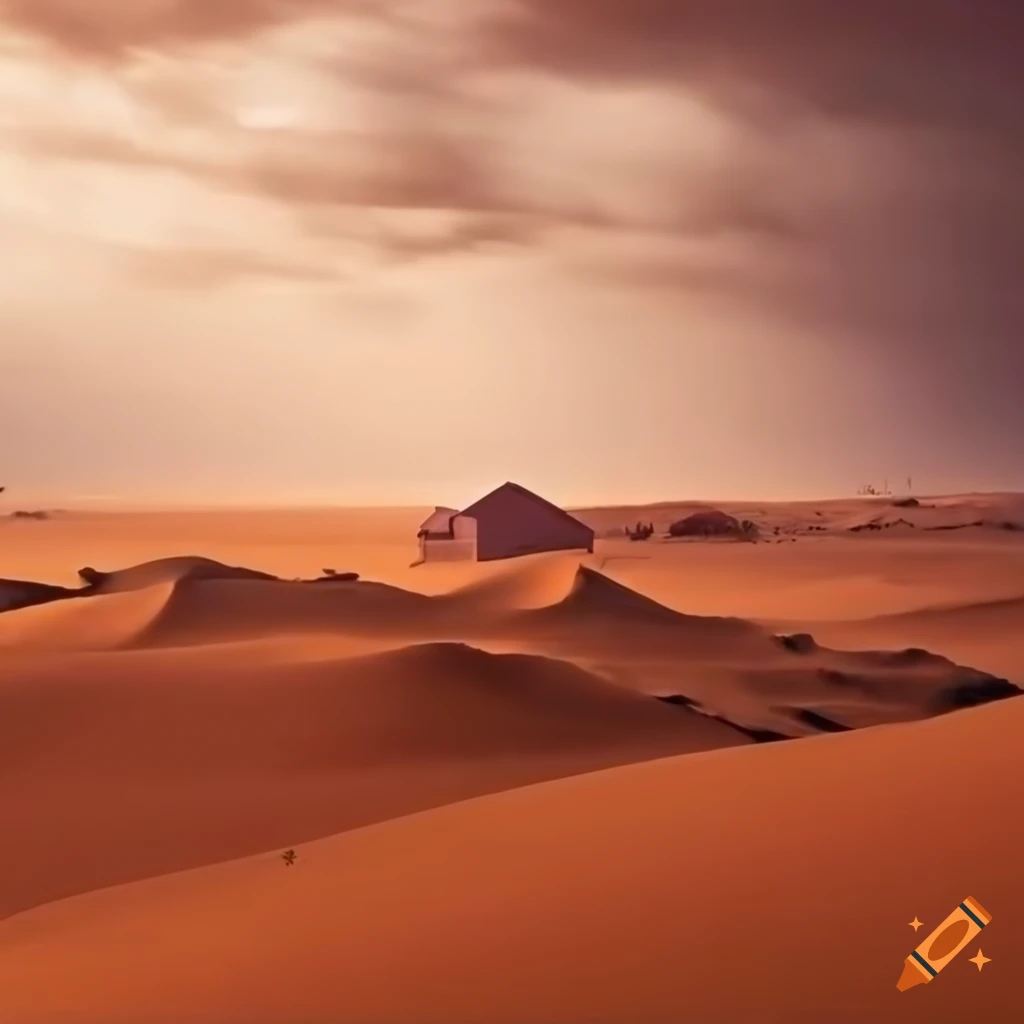 Landscape in the Sahara desert during stormy weather with a house in the background
