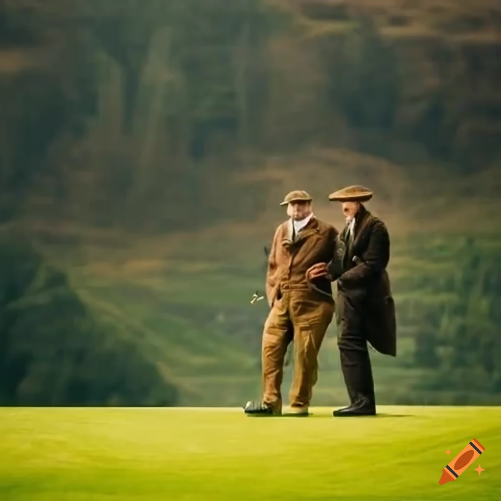 Men golfing in tweed attire against a picturesque Scottish backdrop