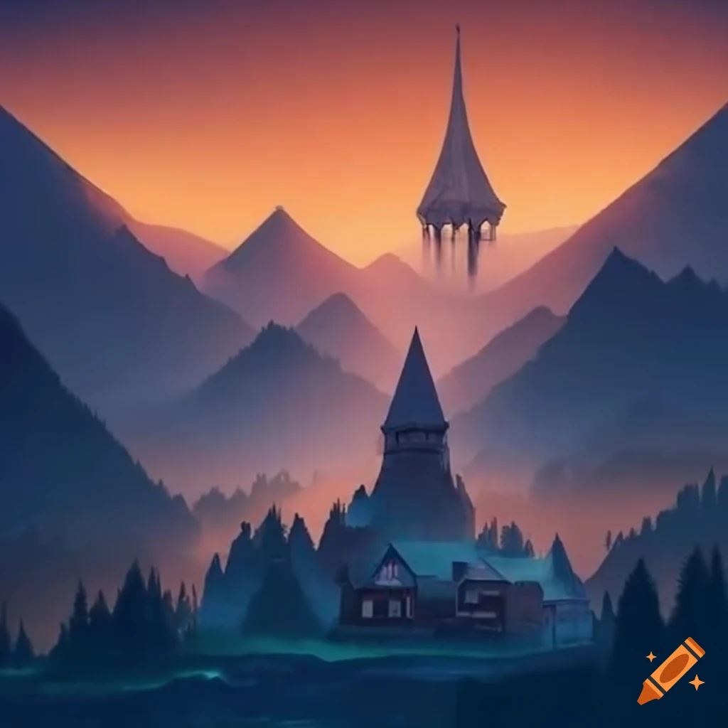 Misty medieval village in a magical valley with towering mountains