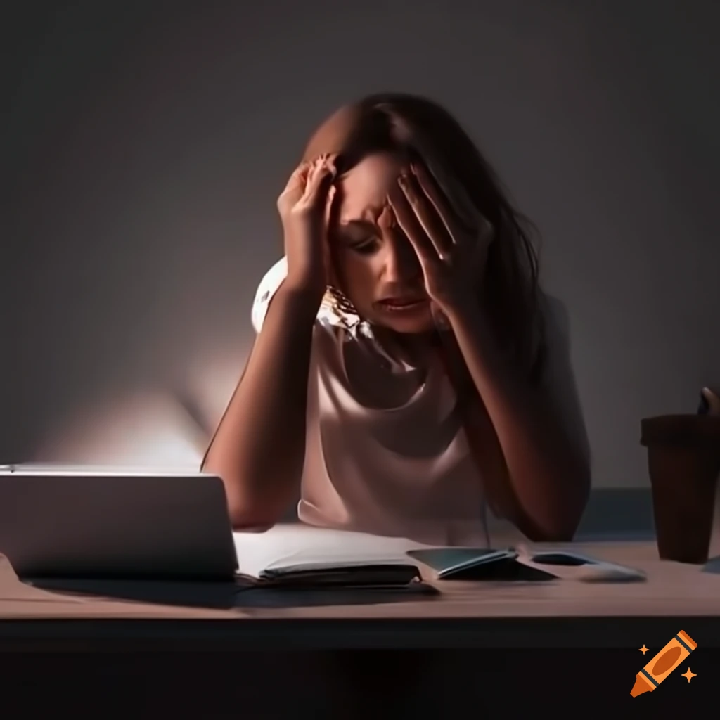 Leena appearing stressed while studying at her desk with looming shadows