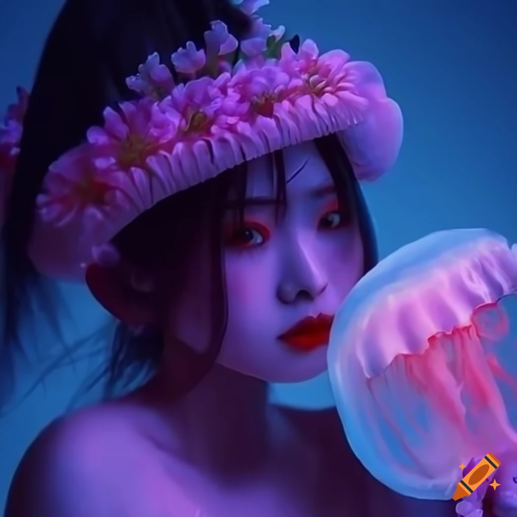 Tarot card with Rinon in flower photo shoot holding a jellyfish, Heejin