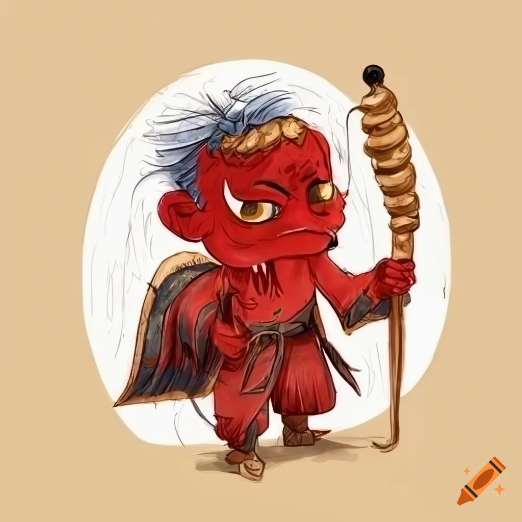 Tengu with wings in a children's cartoon style
