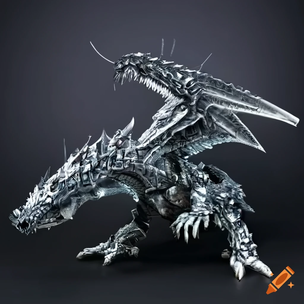 Cybernetic dragon against plain background