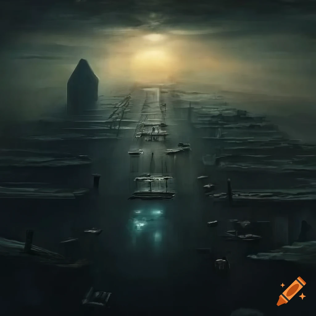 Intricate hyper-realistic ultra-modern haunted airport scene with an astronaut in the distance
