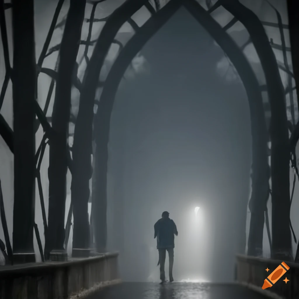 Man standing alone on a foggy French bridge