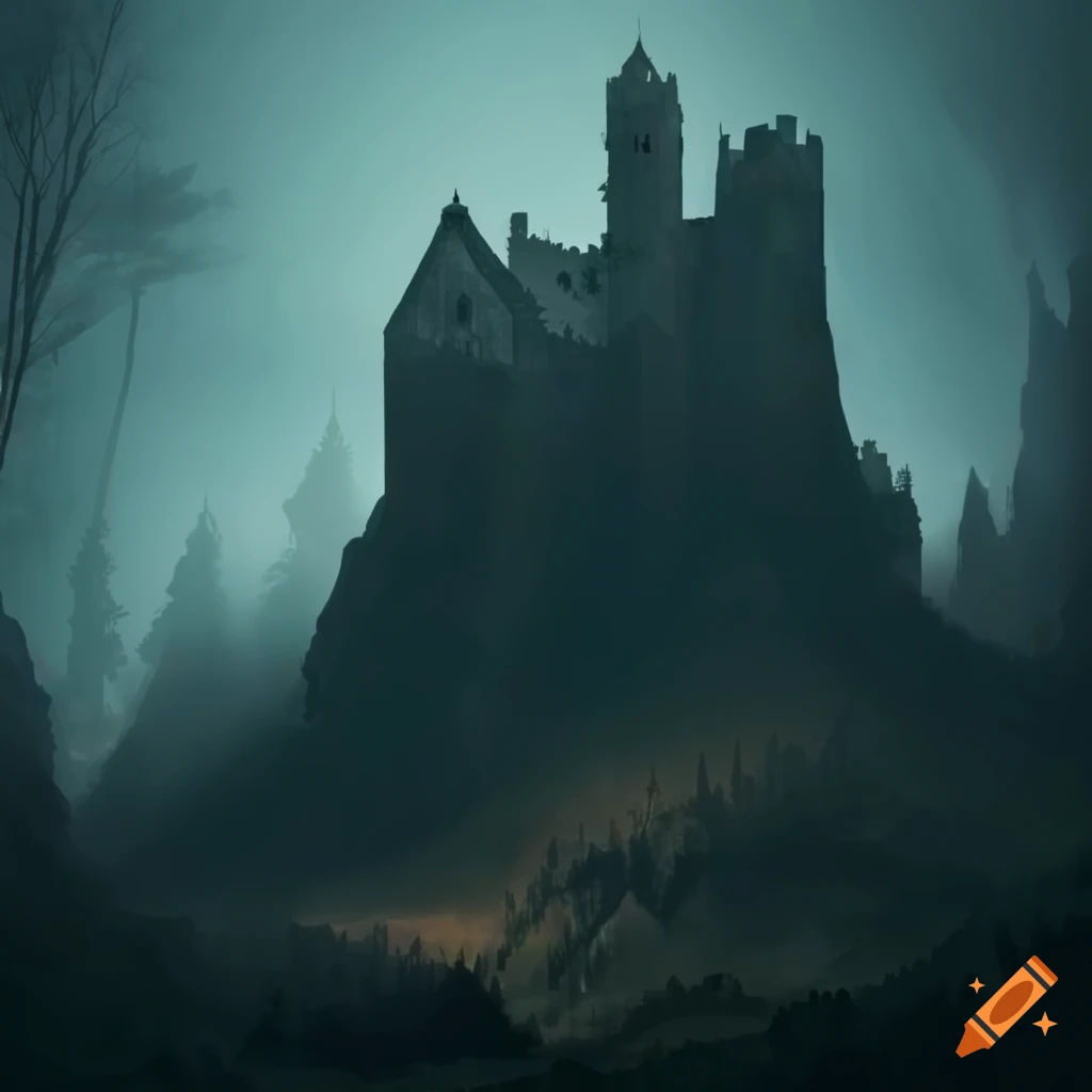 Dark forbidding castle at the foot of a mountain range on Craiyon
