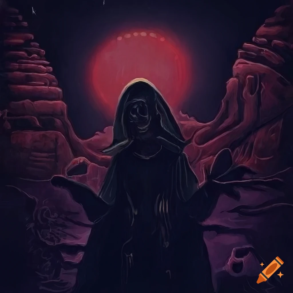 Dark vintage sci-fi 2D illustration of an epic spiritual cosmos kingdom
