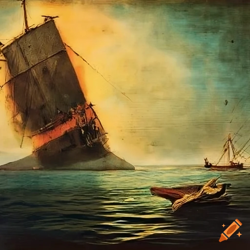 Castaway watching sinking ship in old postcard style